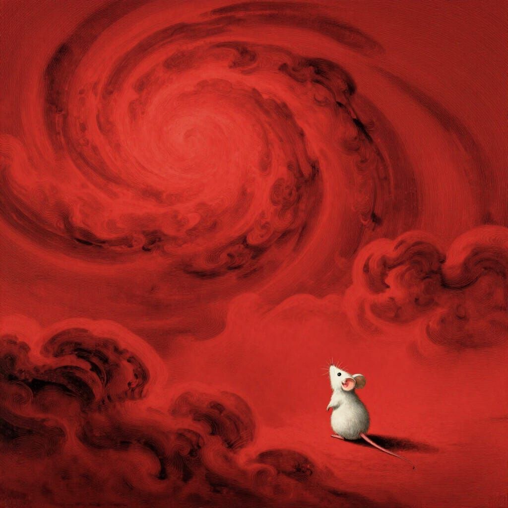 Tiny Mouse Gazes at Violent Red Sky in Horror Style
