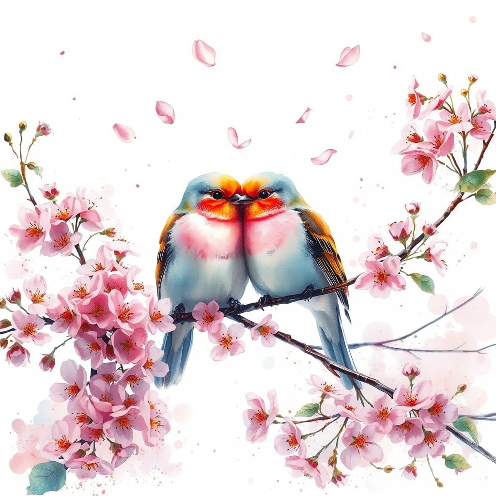 Pastel Love Birds Form Heart on Cherry Branch