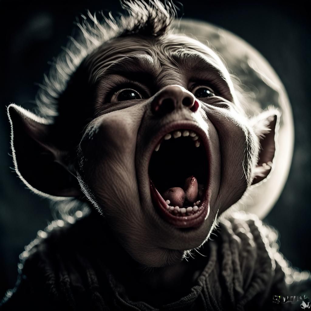 Baby Werewolf's First Howl: A Close-Up Portrait
