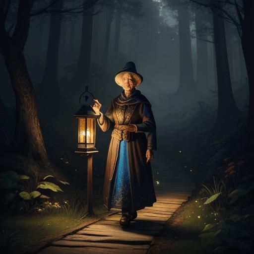 Old Woman with Lantern in Forest at Night