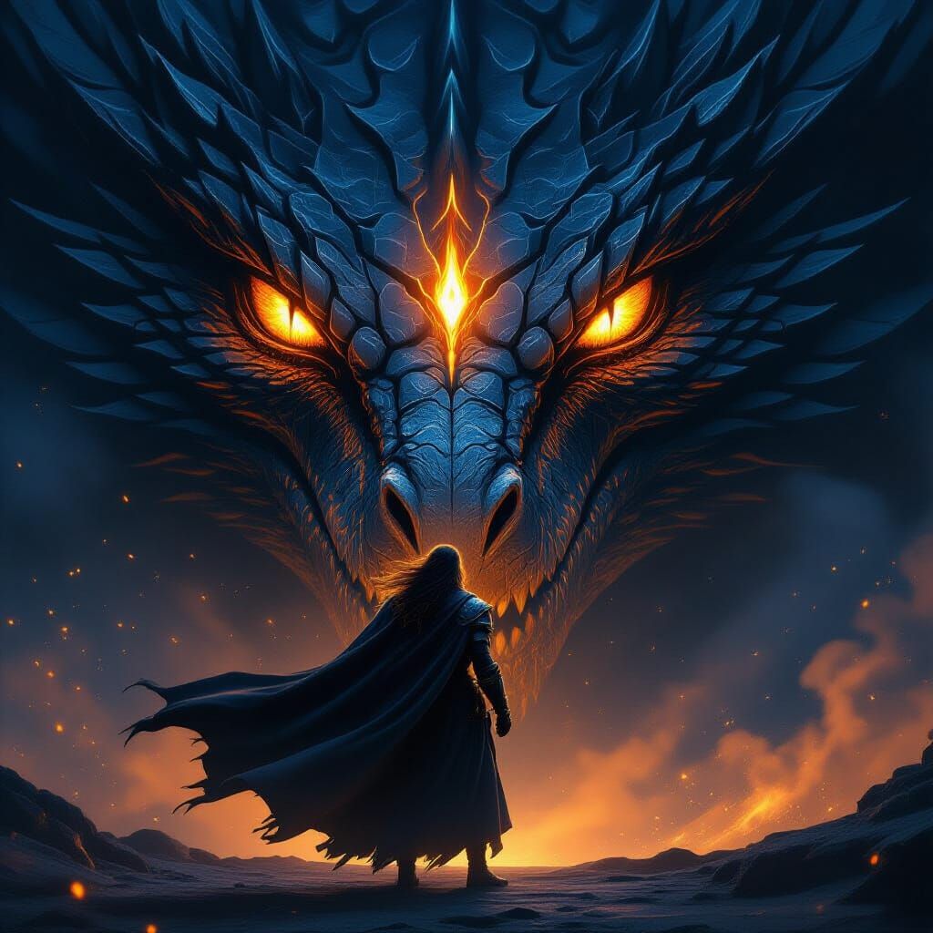 Ancient Soldier Confronts Colossal Dragon's Fiery Eye