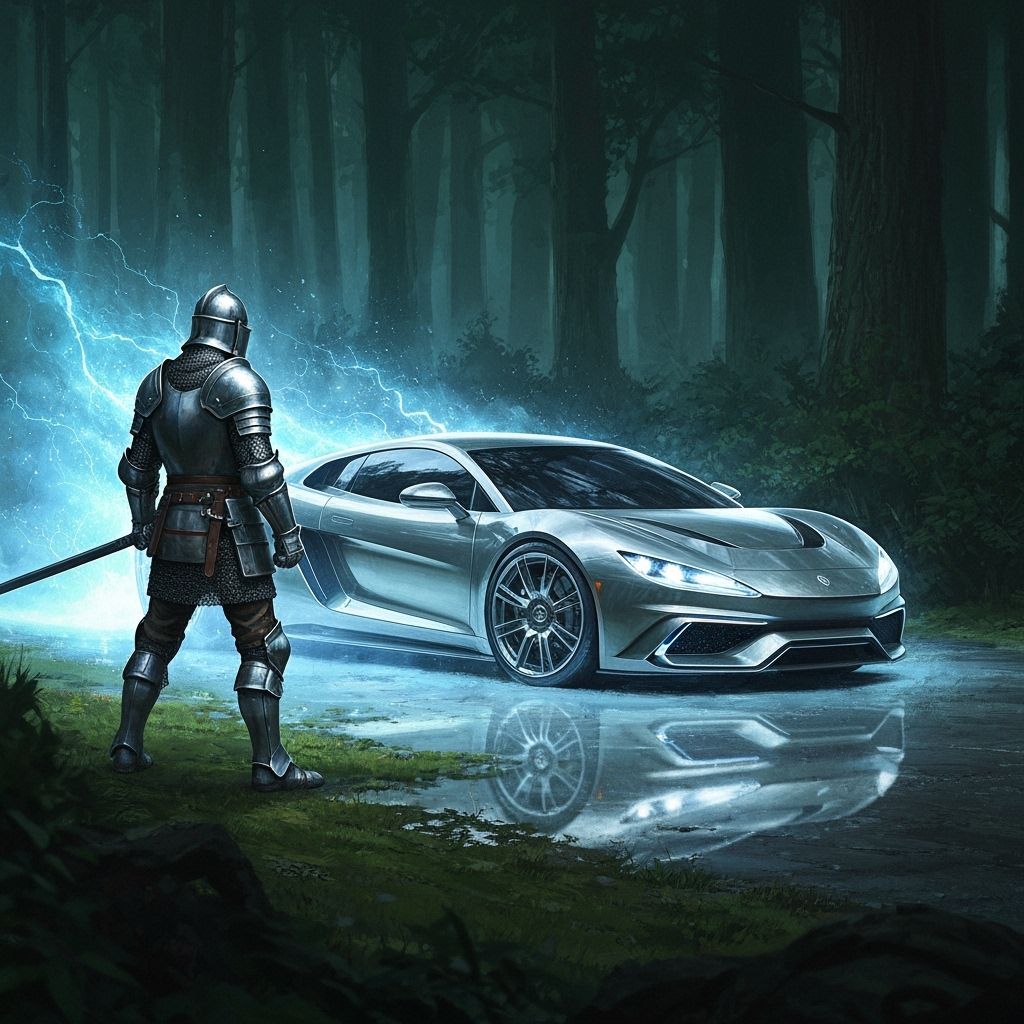 Knight's Surprise: Futuristic Car Appears in Forest
