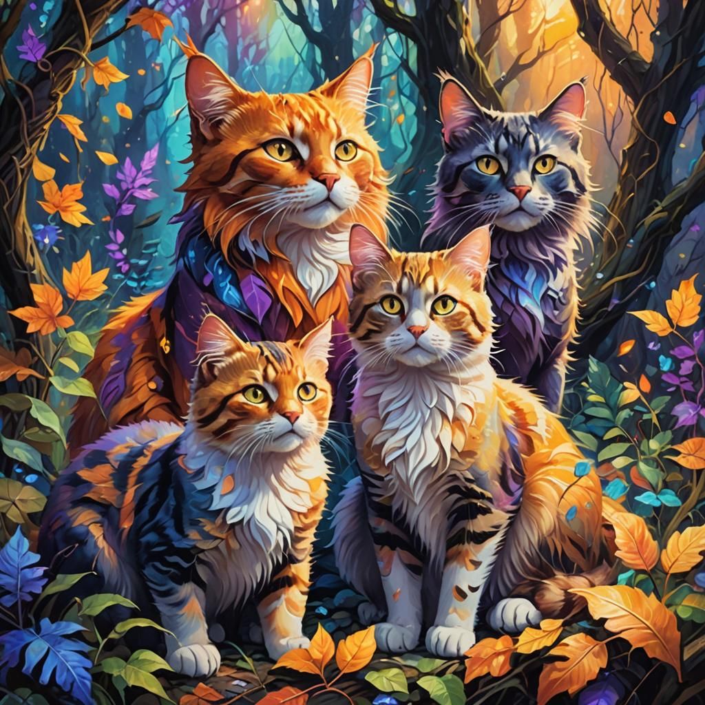 Magical Cats with Runes in Mystical Forest