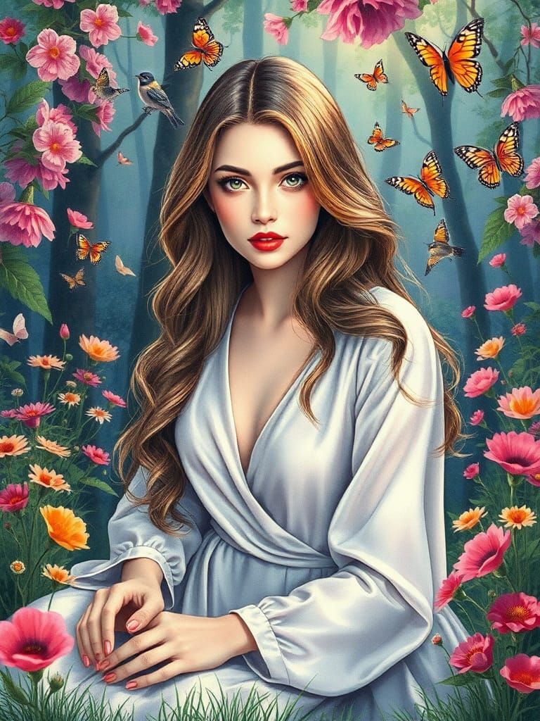 Beautiful Woman in Enchanted Forest, Hand-Drawn Style