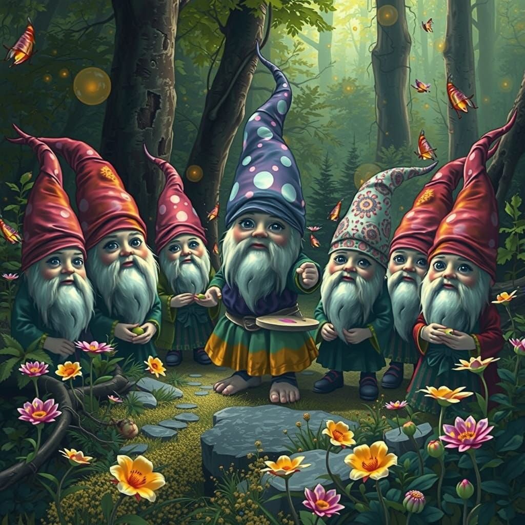 Vibrant Gnomes in a Lush Forest, Blending Traditional and Di...