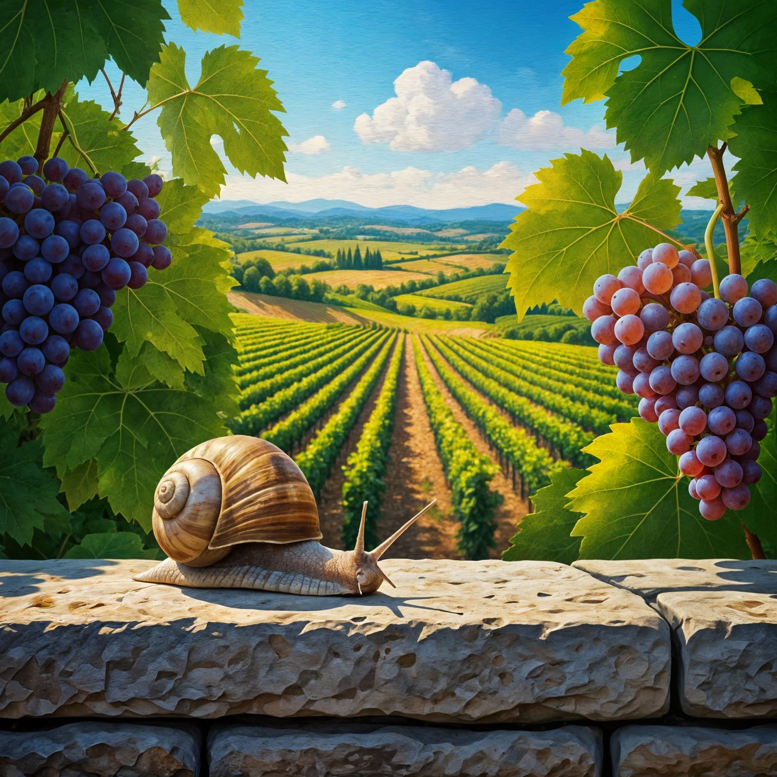 Vineyard Snail Amidst Rolling Hills and Vines