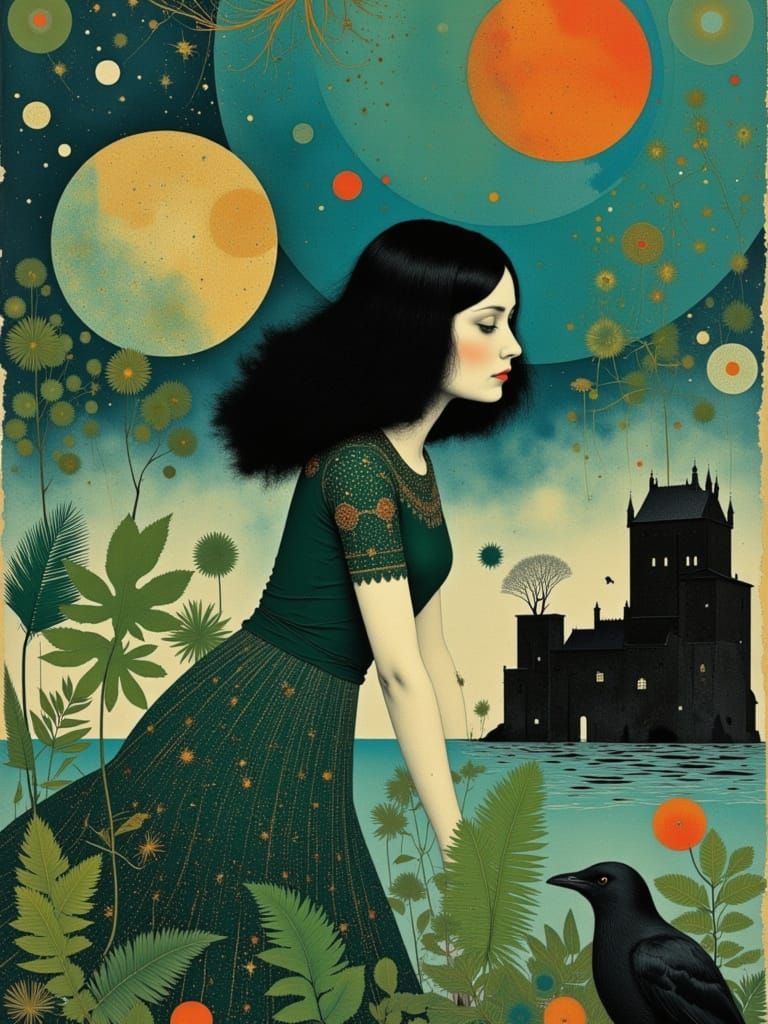 Mystical Maiden in Emerald Velvet Gown amidst Swirling Monst...