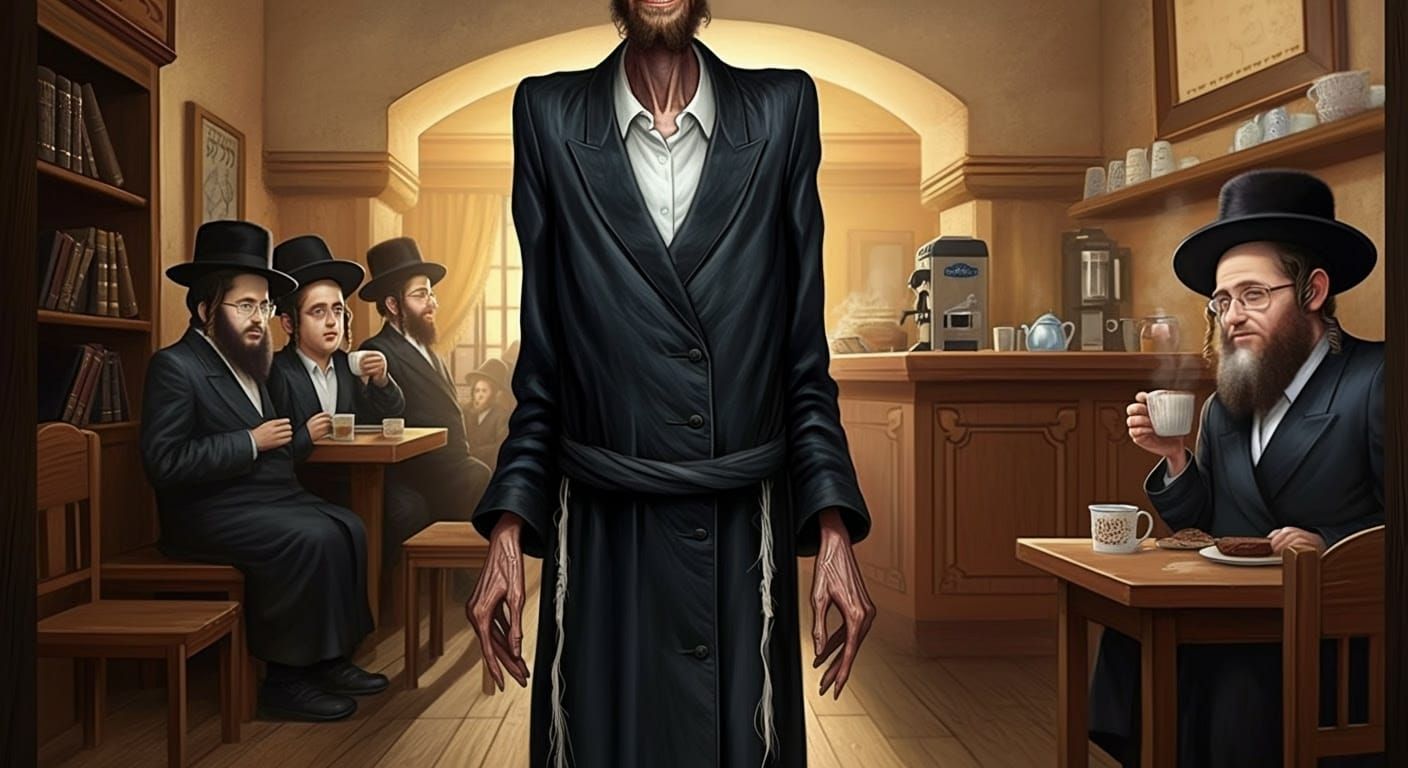 Confident Hasidic Figure in Traditional Synagogue Attire