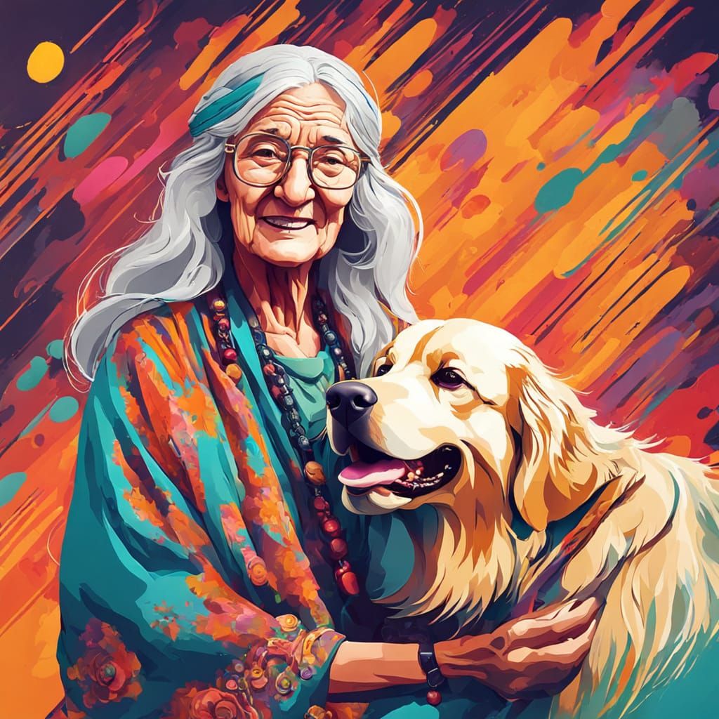 Kind Old Woman with Golden Retriever, Cel-Shaded Art