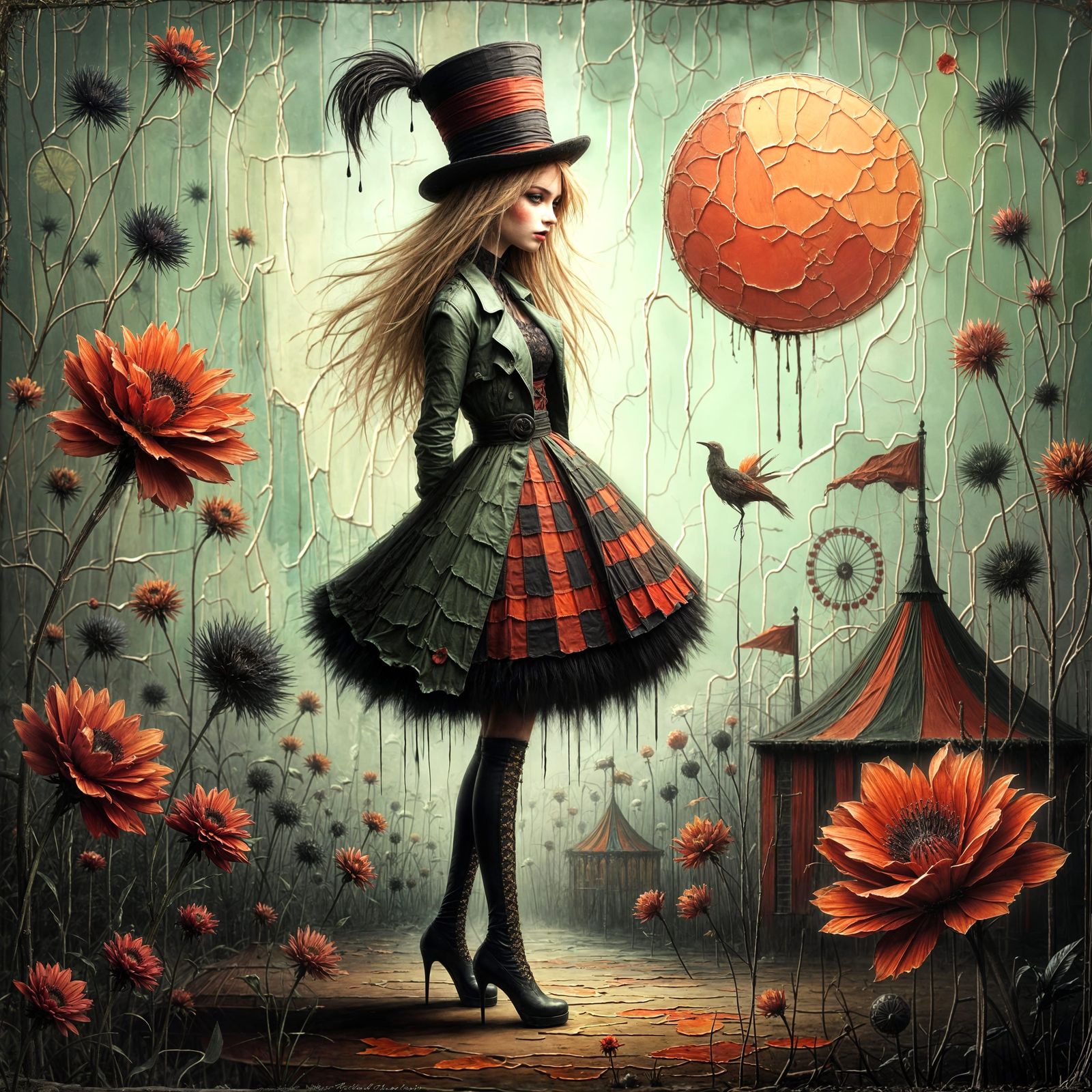 Gothic Grunge Woman in Tattered Circus Style