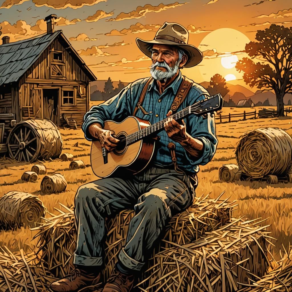 Farmer Plays Banjo in Rustic Comic Book Art