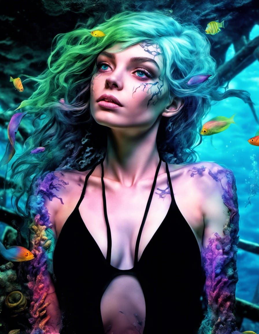 Beautiful Sea Witch in a sunken ship, hdr, detailed, 4k, High Definition, 8K, Vibrant Colors, High Resolution, Clarity, ...