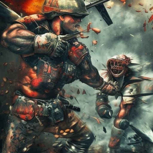 Hyperrealistic War Scene in Dark, Deep Color