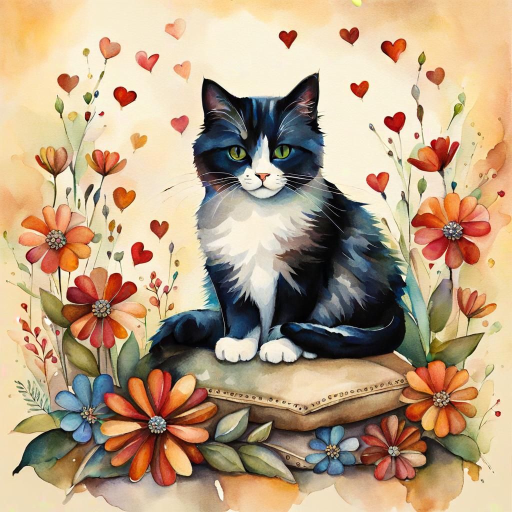 Cute Cat Surrounded by Flowers in Surreal Style