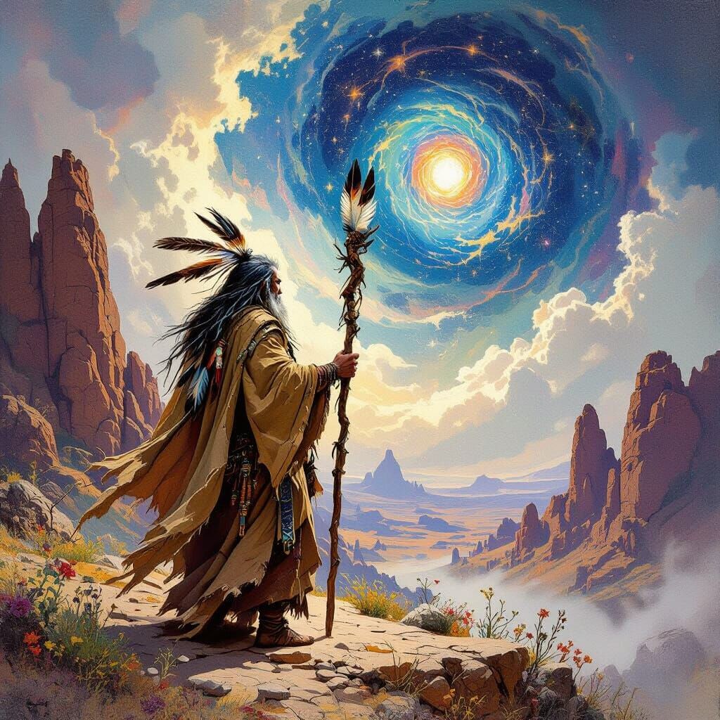 Shaman Gazing at Celestial Vortex in Fantasy Art Style