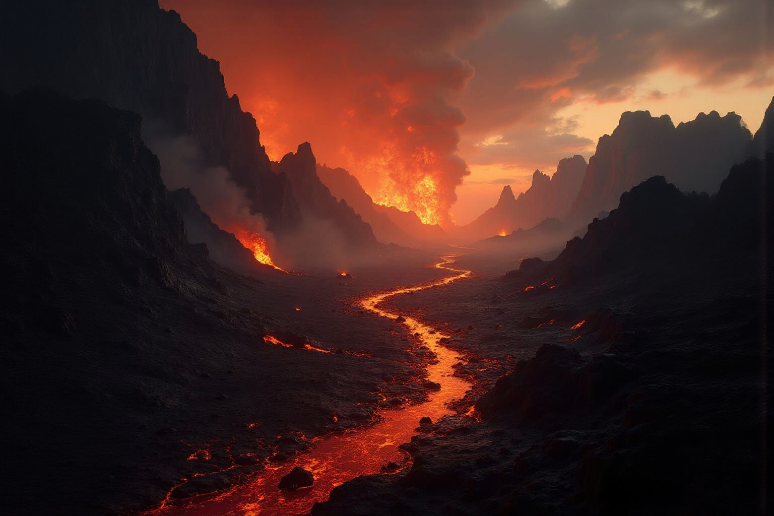 Volcanic Planet with Lava Rivers: A Cinematic Still