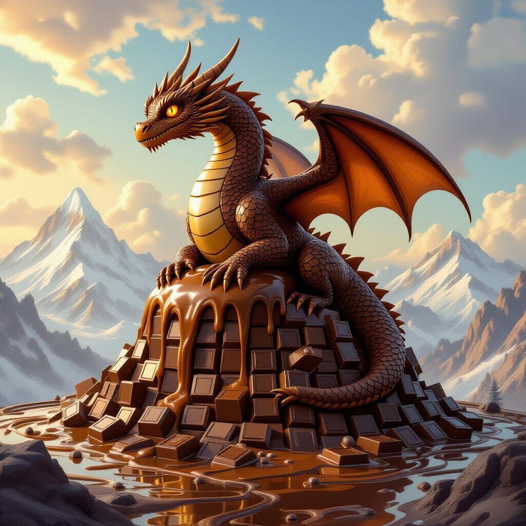 Chocolate Dragon on Melting Mountain, Dreamlike Fantasy