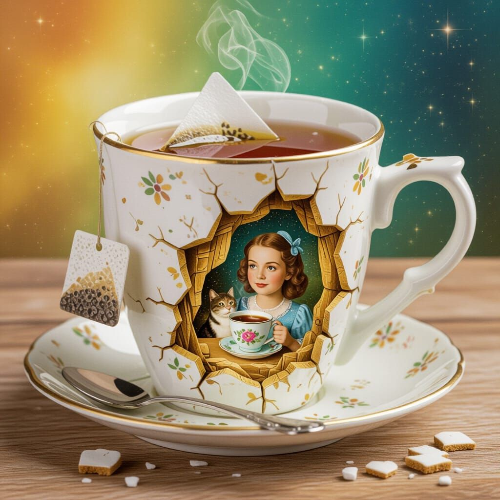 Magical Tea Mug Cave Scene in Surrealist Style