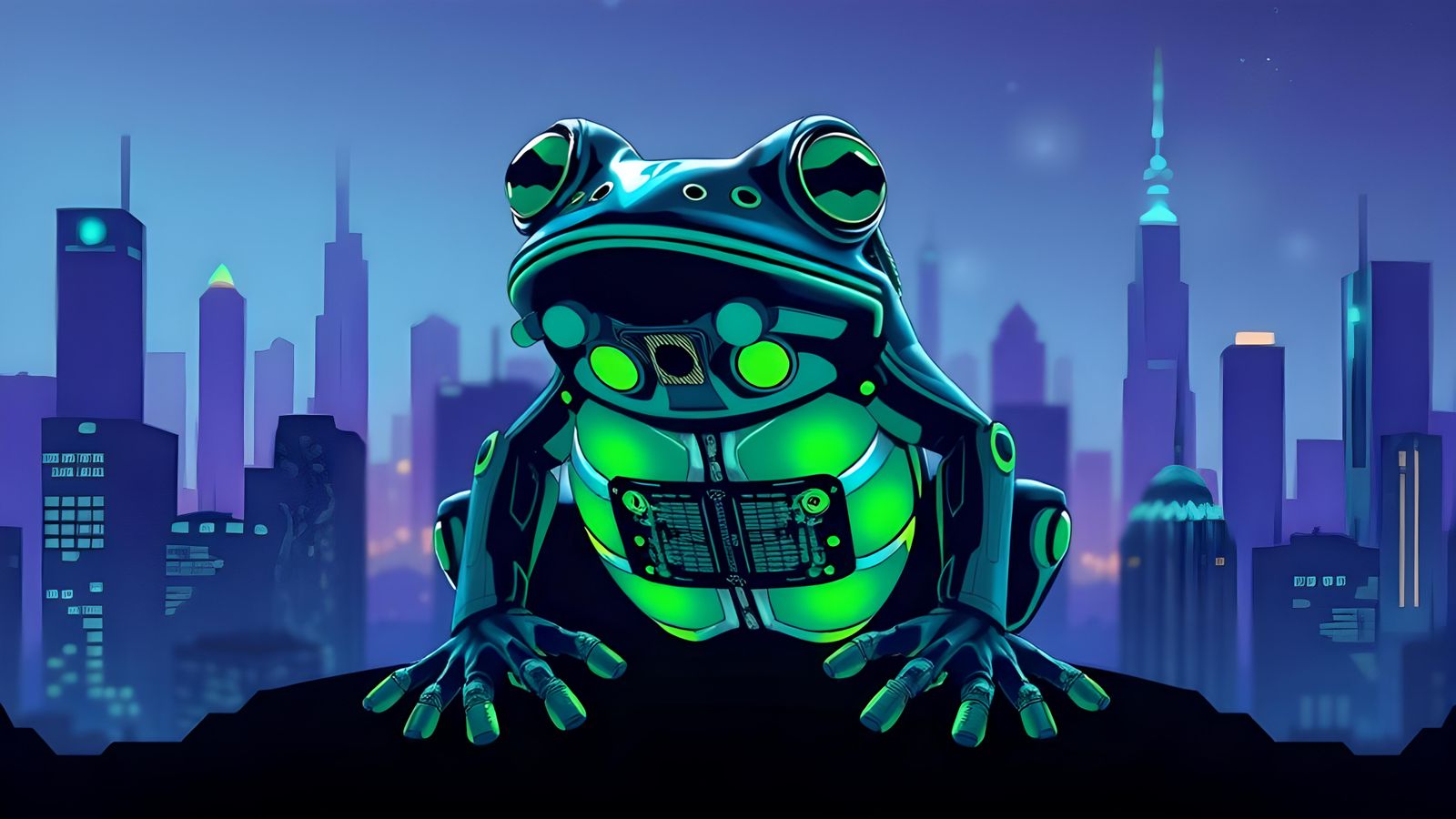 Cyberpunk Frog with Bio-Mechanical Implants in Pop Art
