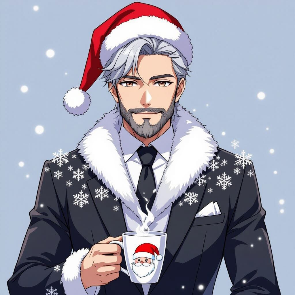 Anime Man in Snow-Kissed Suit with Festive Cup