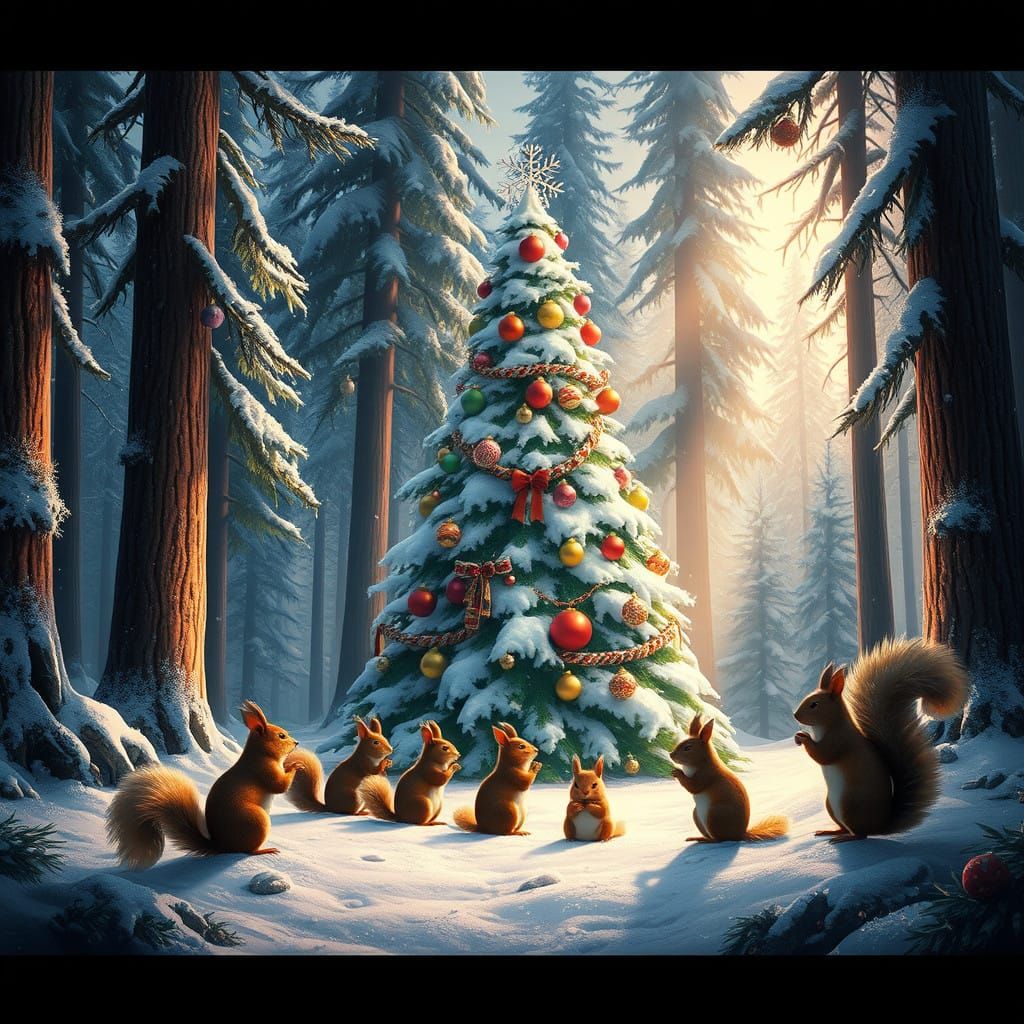 Whimsical Winter Wonderland Scene with Squirrels and Majesti...