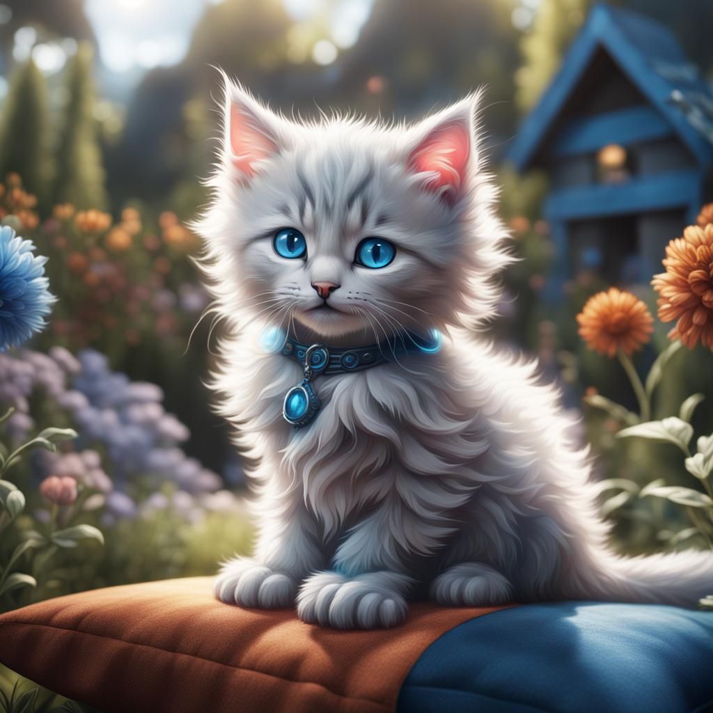Fluffy Blue-Eyed Kitten in Garden: Fantasy Concept Art