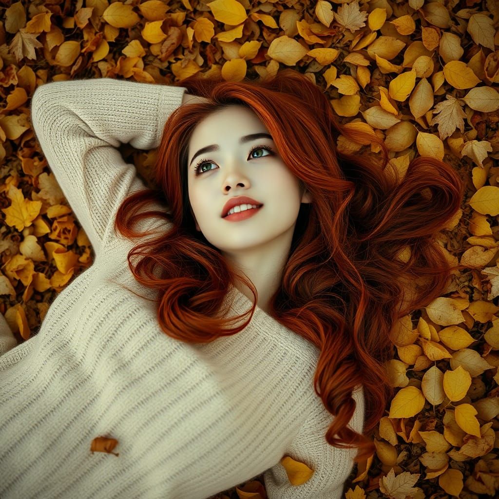 Japanese Woman in Autumn Leaves, Cinematic Film Still