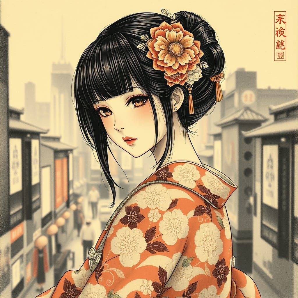 Anime Girl in Traditional Kerem Beyit Style with Intricate E...