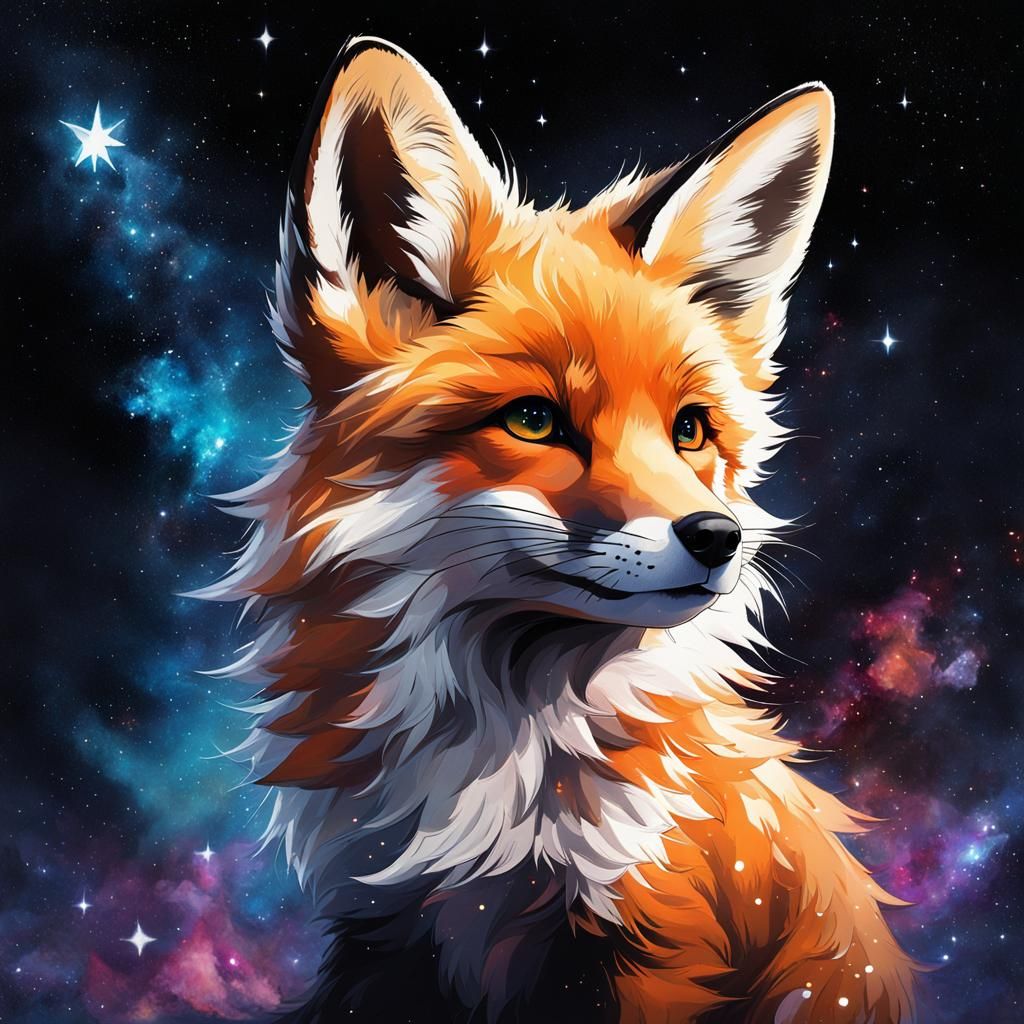 Whimsical Fox Pup Portrait Under Midnight Stars
