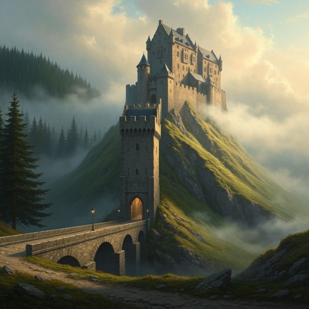 Mysterious Medieval Castle in Fog, Oil Painting Style