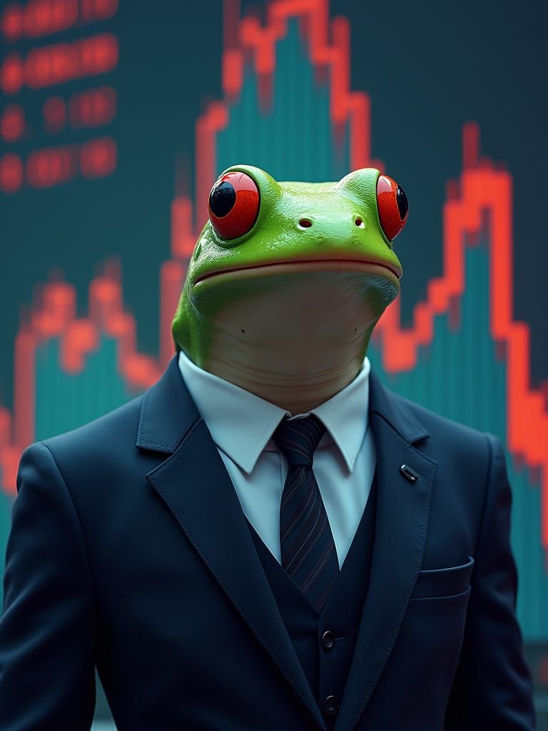 Frog with Human Face and Stock Market Chart