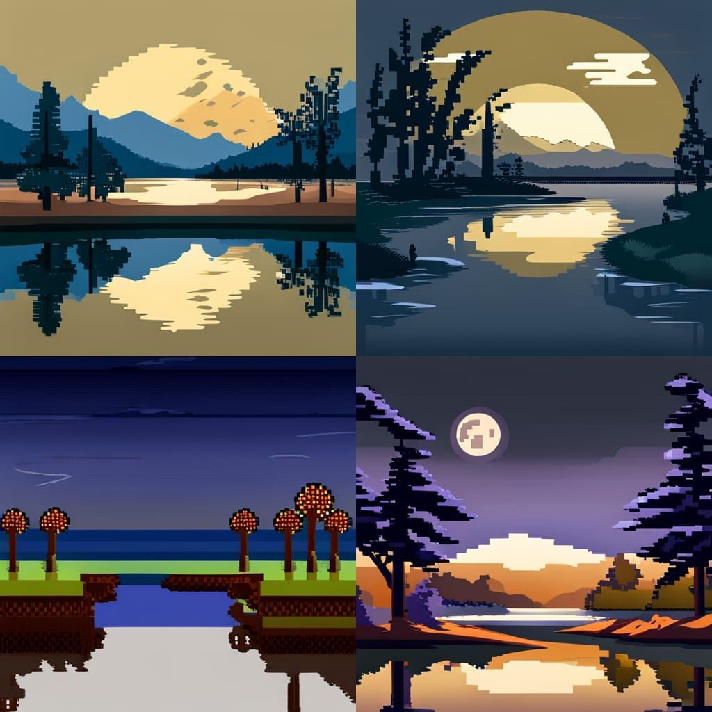 a pixel art image of a peaceful river front at night.
