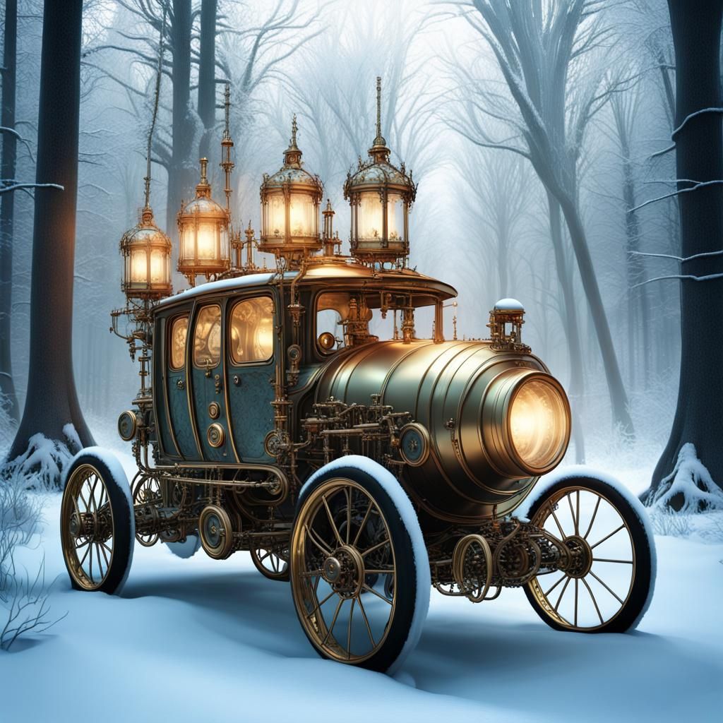 Imaginary gothic futuristic steam car on wheels