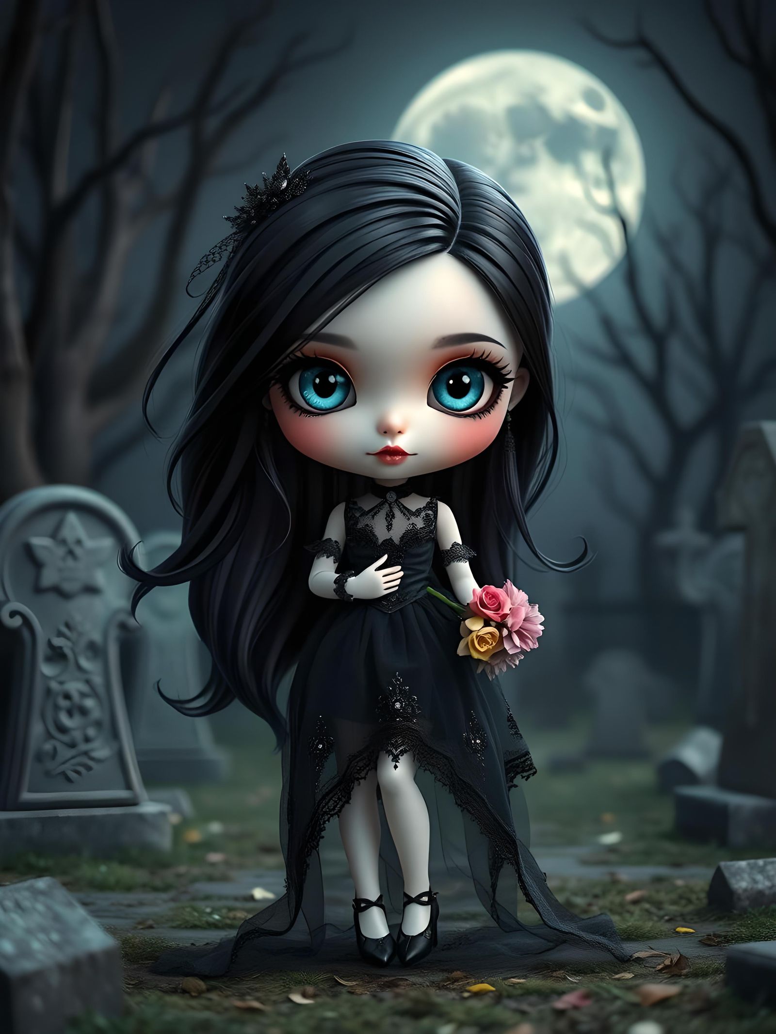 Chibi Doll in Cemetery Under Full Moon
