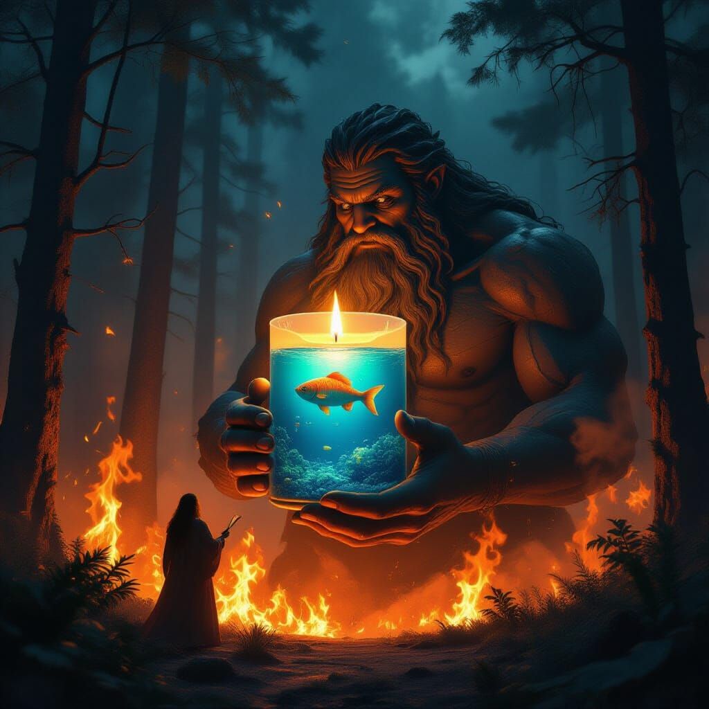 Giant Holds Ocean Candle in Burning Forest