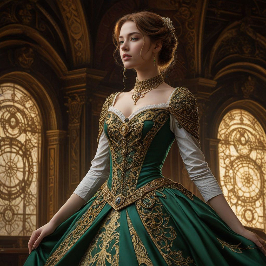 Elegant Fantasy Steampunk Lady in Regal Green Gown