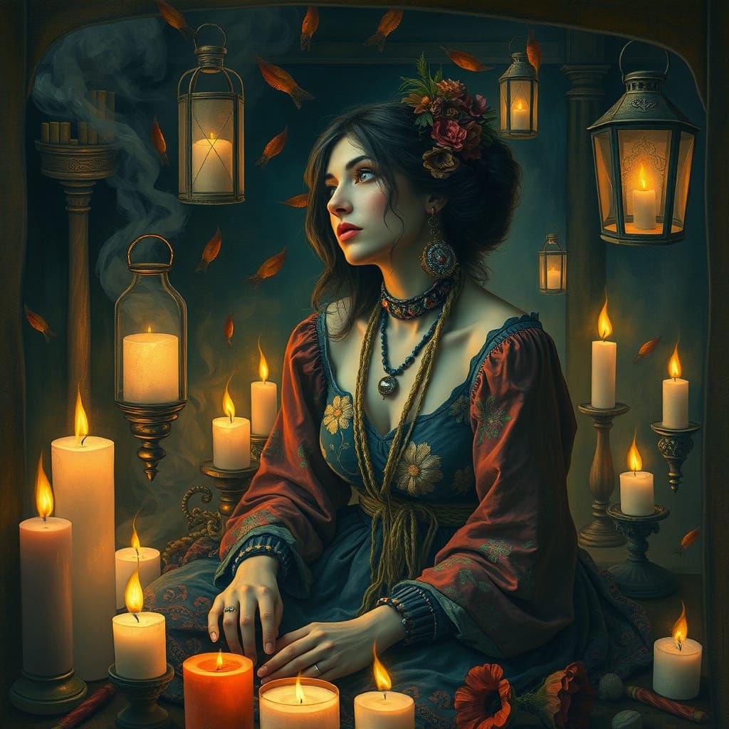 Enchanted Woman Amidst Warm Mystical Atmosphere