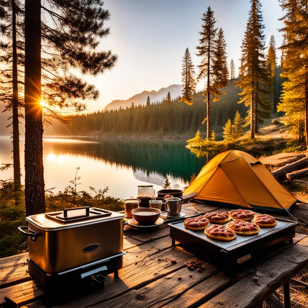 A cozy camping ..a campsite set up for breakfast near a serene lake