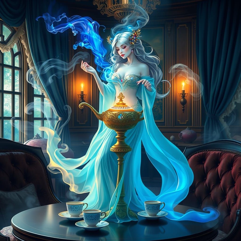 Ethereal Genie Rises in a Dreamy Mystical Café