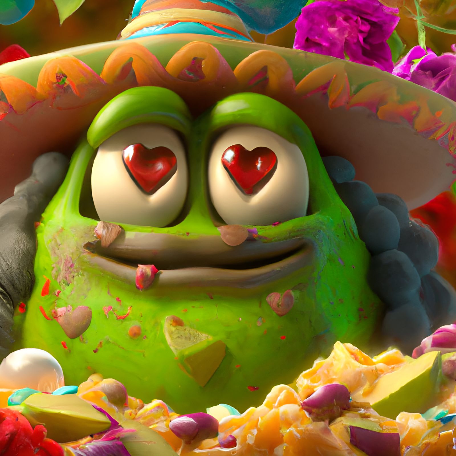 Adorable Guacamole Character Surrounded by Hearts and Flower...