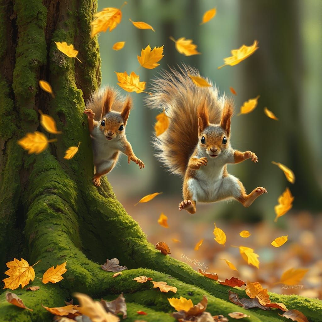 Energetic Squirrels Chase Through Autumn Leaves