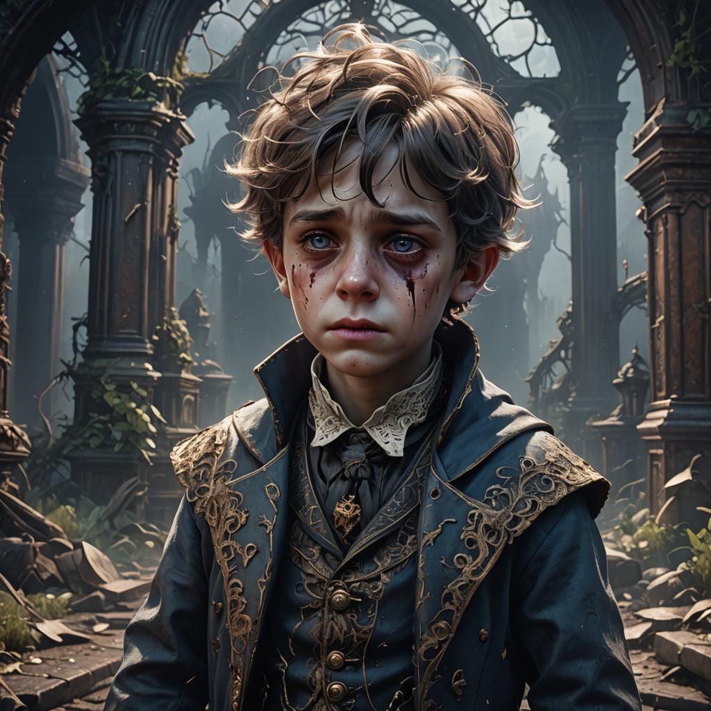 Crying Victorian Ghost Boy in Detailed Matte Painting