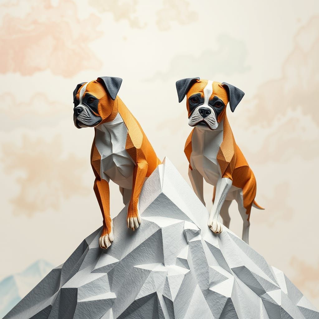 Intricately Folded Origami Boxers Ascend Snowy Mountain Peak...