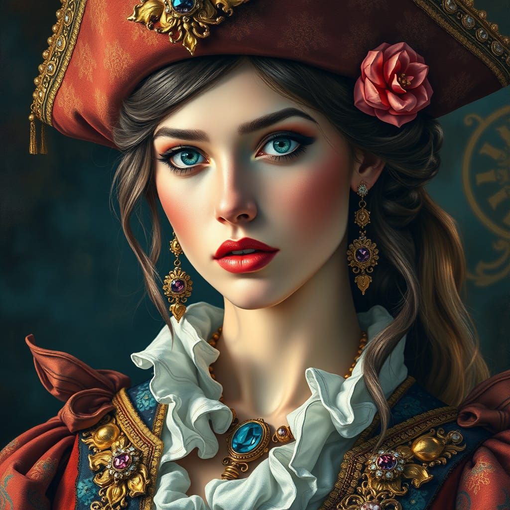 Hyperrealistic Portrait of Pirate Aristocrat in Gouache Styl...