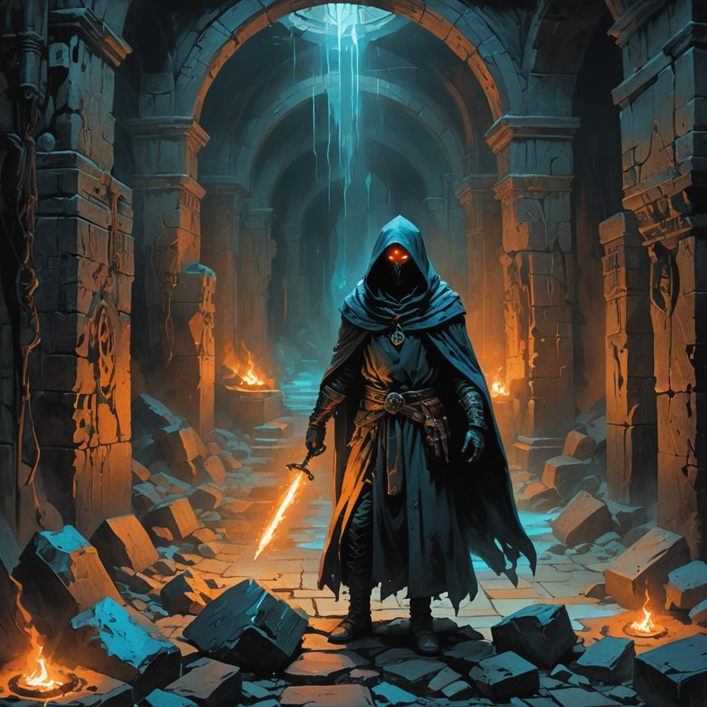 Hooded Figure in Mysterious Chamber: Dark Fantasy Art