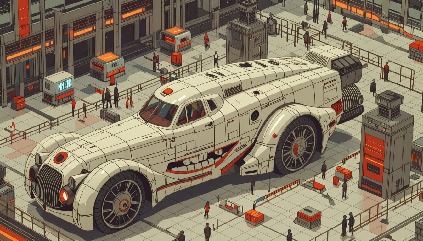 Grinning Mechanical Vehicle Buried in Surreal Metallic Monst...