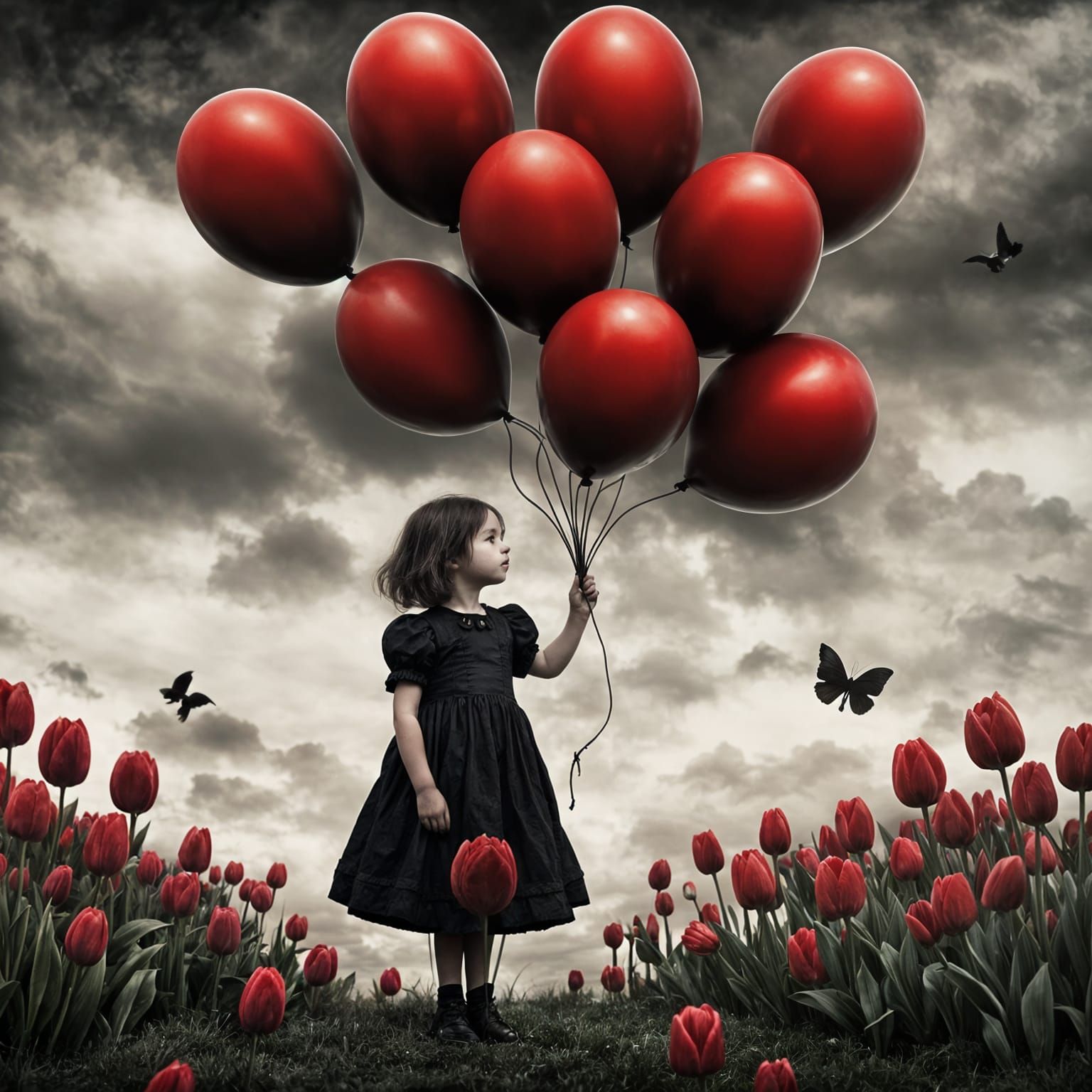 Girl with Red Balloon in Gothic Flower Field