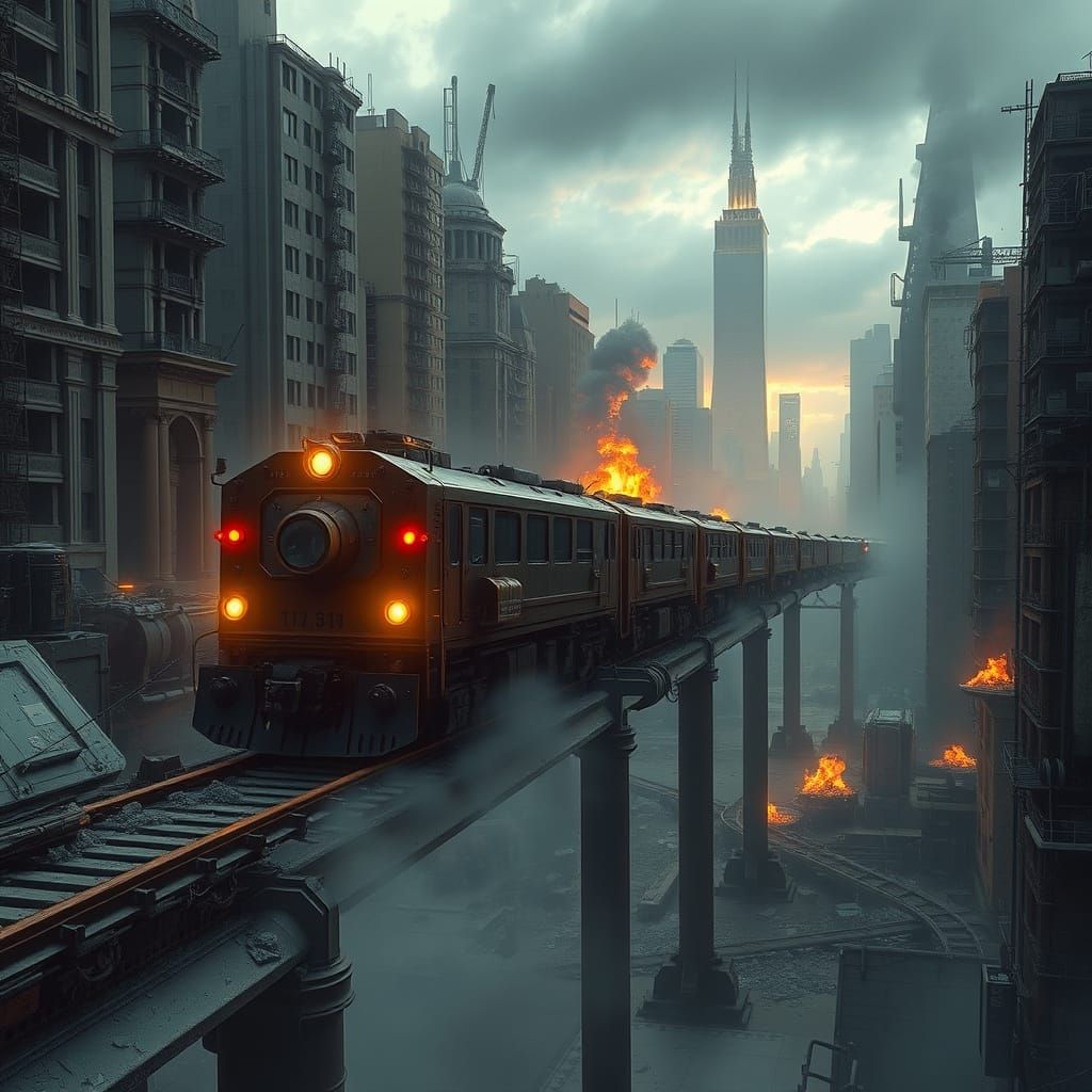 Armored Train in Ruined City: Post-Apocalyptic Sci-Fi
