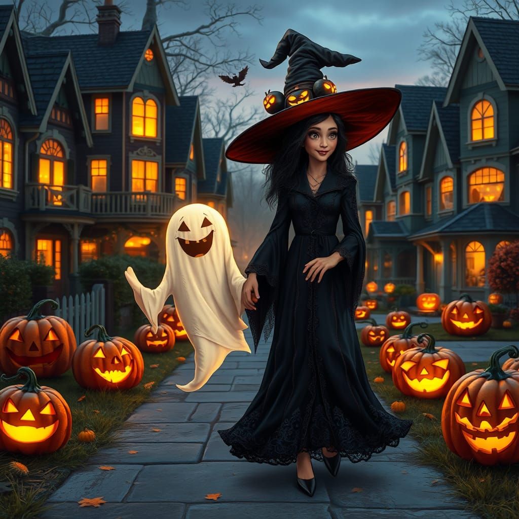 Halloween night, hyper-realistic, sophisticated, funny witch walking with a very friendly ghost, through a neighborhood ...