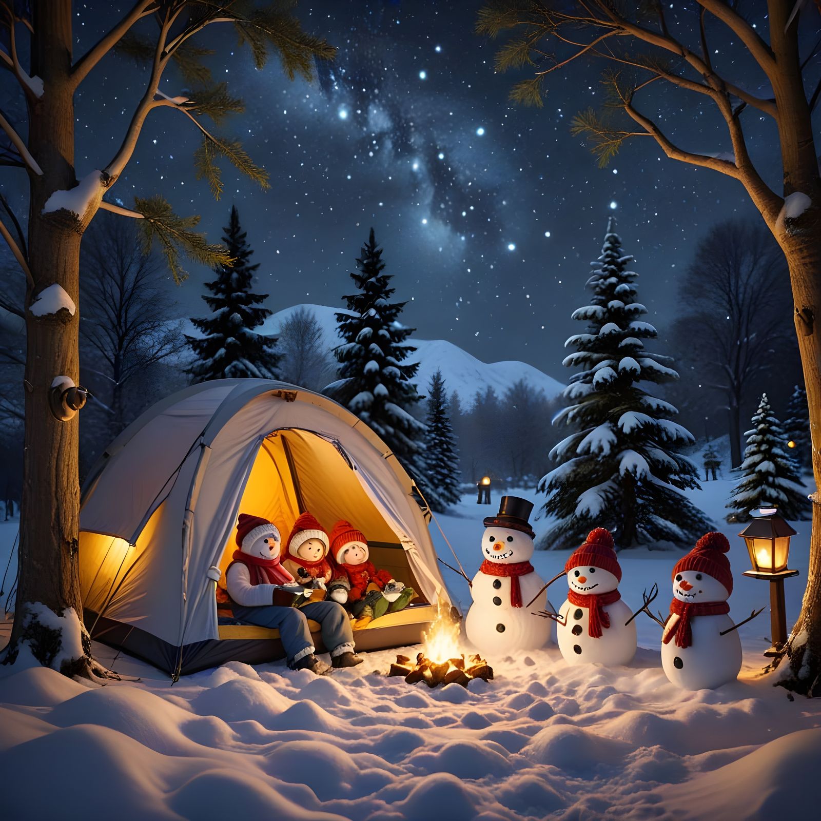 Winter Wonderland Family Camping Scene in Snowy Landscape